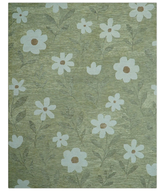 Custom Made Floral Olive Green Hand Tufted Wool Area Rug.