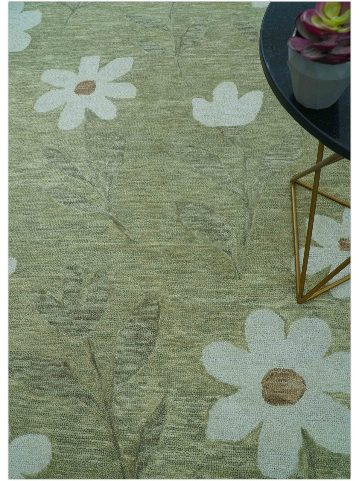 Custom Made Floral Olive Green Hand Tufted Wool Area Rug.