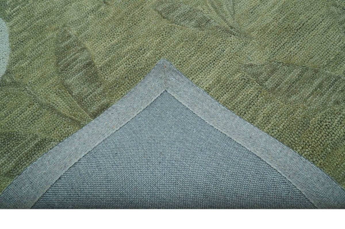 Custom Made Floral Olive Green Hand Tufted Wool Area Rug.
