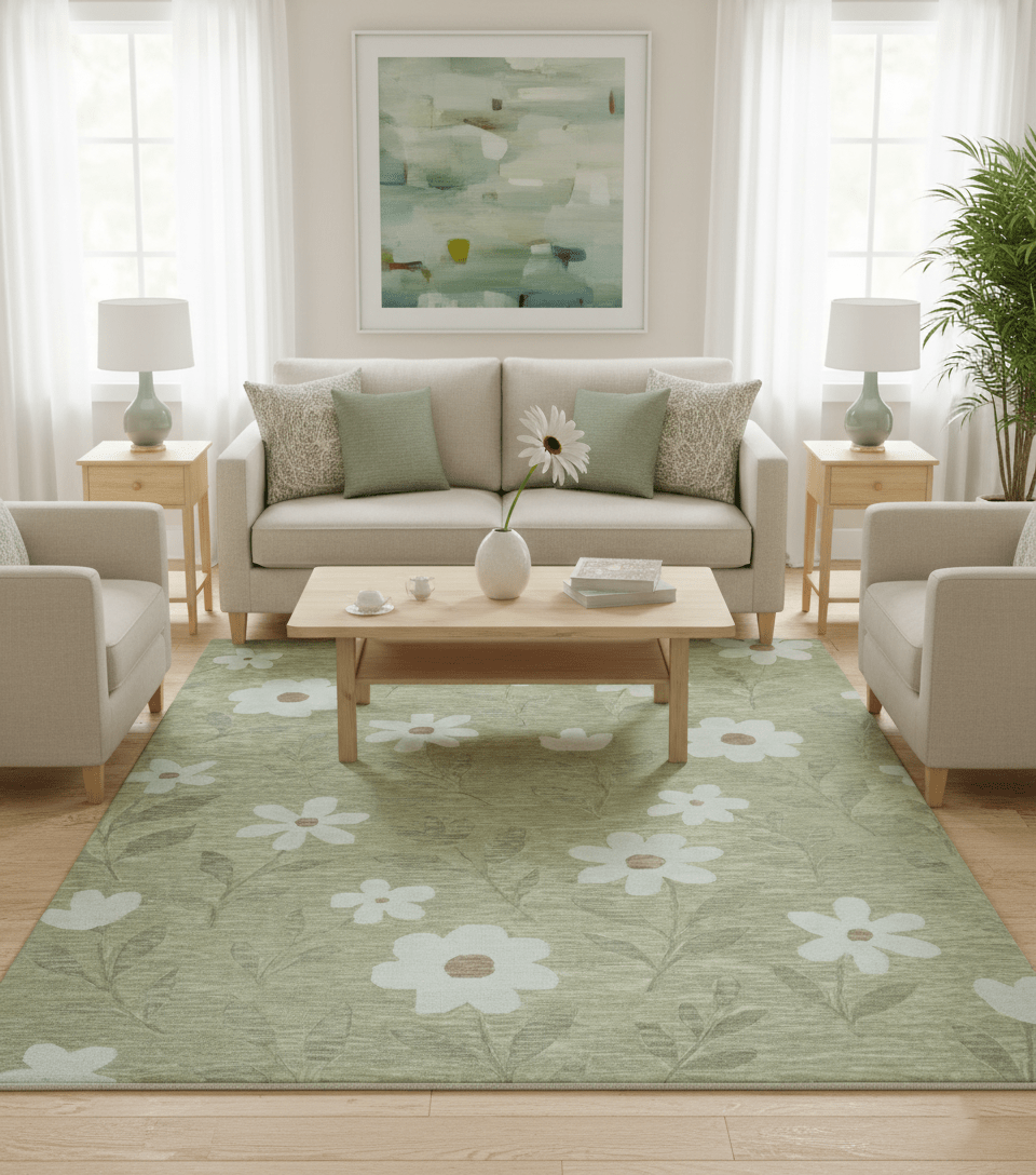 Custom Made Floral Olive Green Hand Tufted Wool Area Rug.