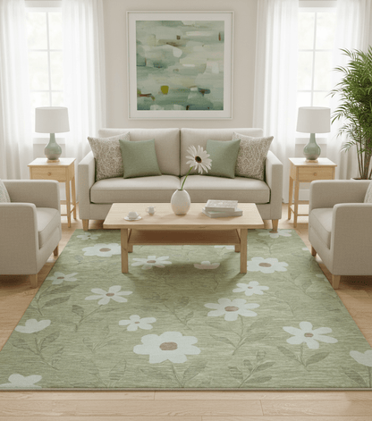 Custom Made Floral Olive Green Hand Tufted Wool Area Rug.