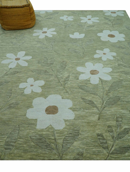 Custom Made Floral Olive Green Hand Tufted Wool Area Rug.