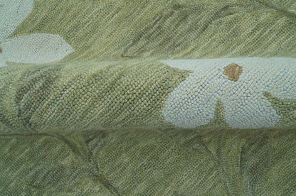 Custom Made Floral Olive Green Hand Tufted Wool Area Rug.