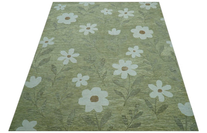 Custom Made Floral Olive Green Hand Tufted Wool Area Rug.