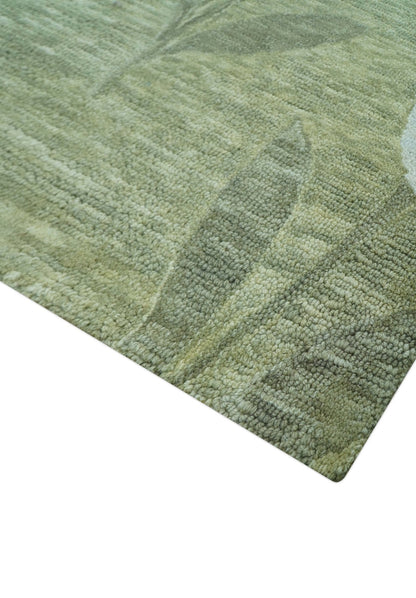 Custom Made Floral Olive Green Hand Tufted Wool Area Rug.