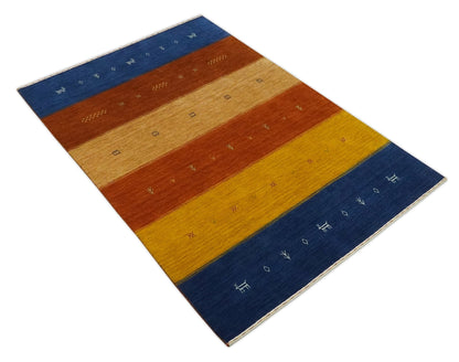 Custom Made Gabbeh Blue, Brown and Gold Stripes Design Wool Rug.