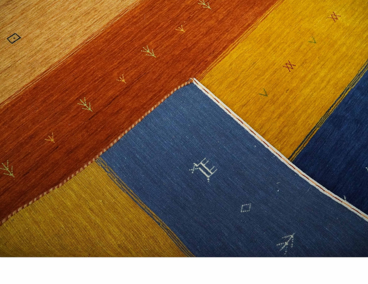Custom Made Gabbeh Blue, Brown and Gold Stripes Design Wool Rug.