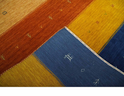 Custom Made Gabbeh Blue, Brown and Gold Stripes Design Wool Rug.