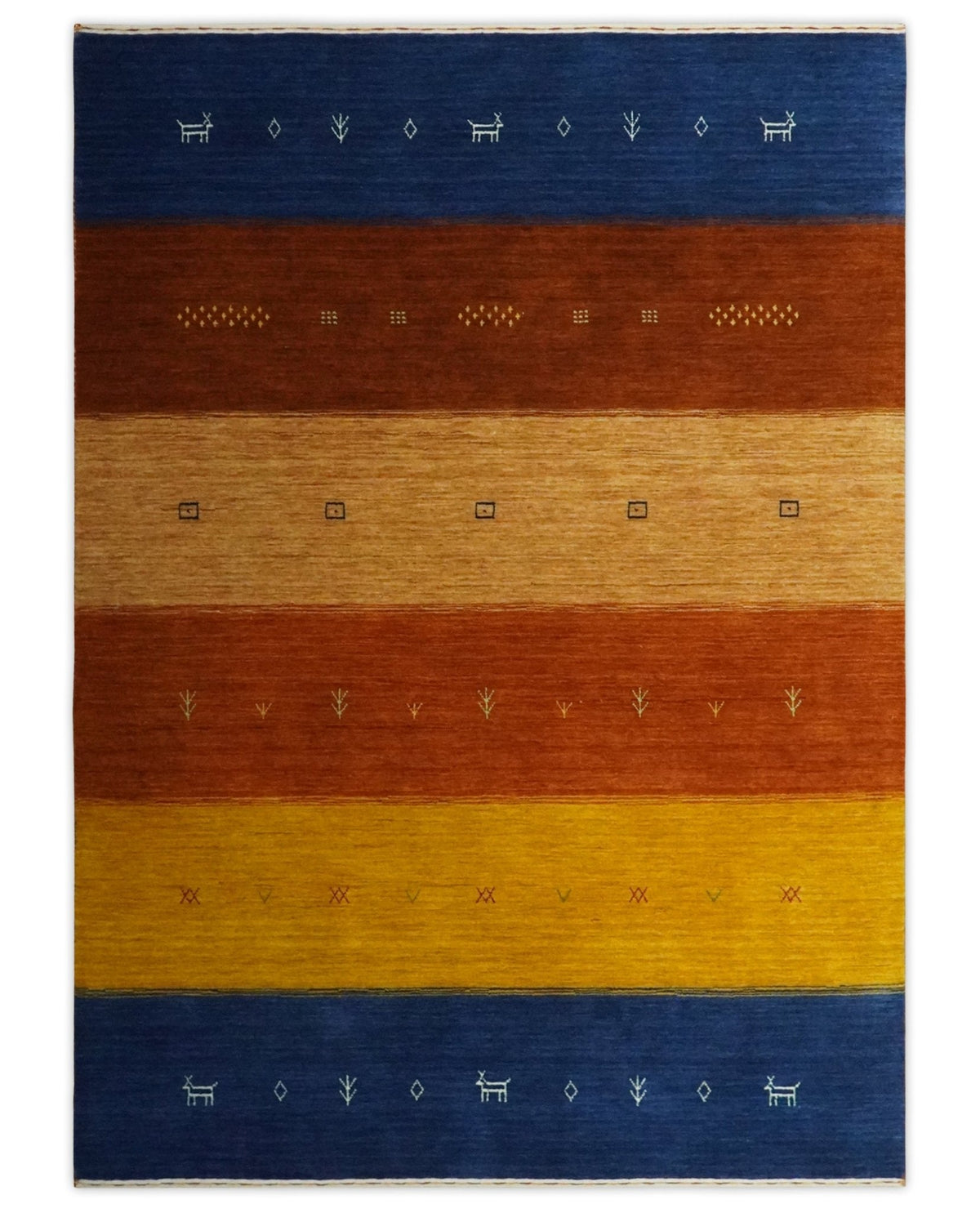 Custom Made Gabbeh Blue, Brown and Gold Stripes Design Wool Rug.