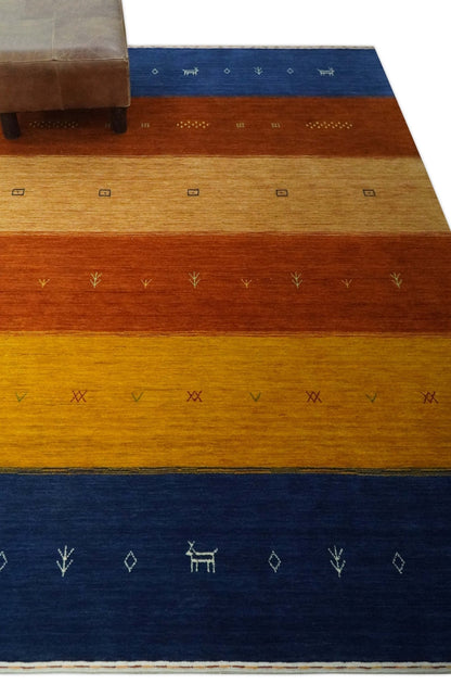 Custom Made Gabbeh Blue, Brown and Gold Stripes Design Wool Rug.