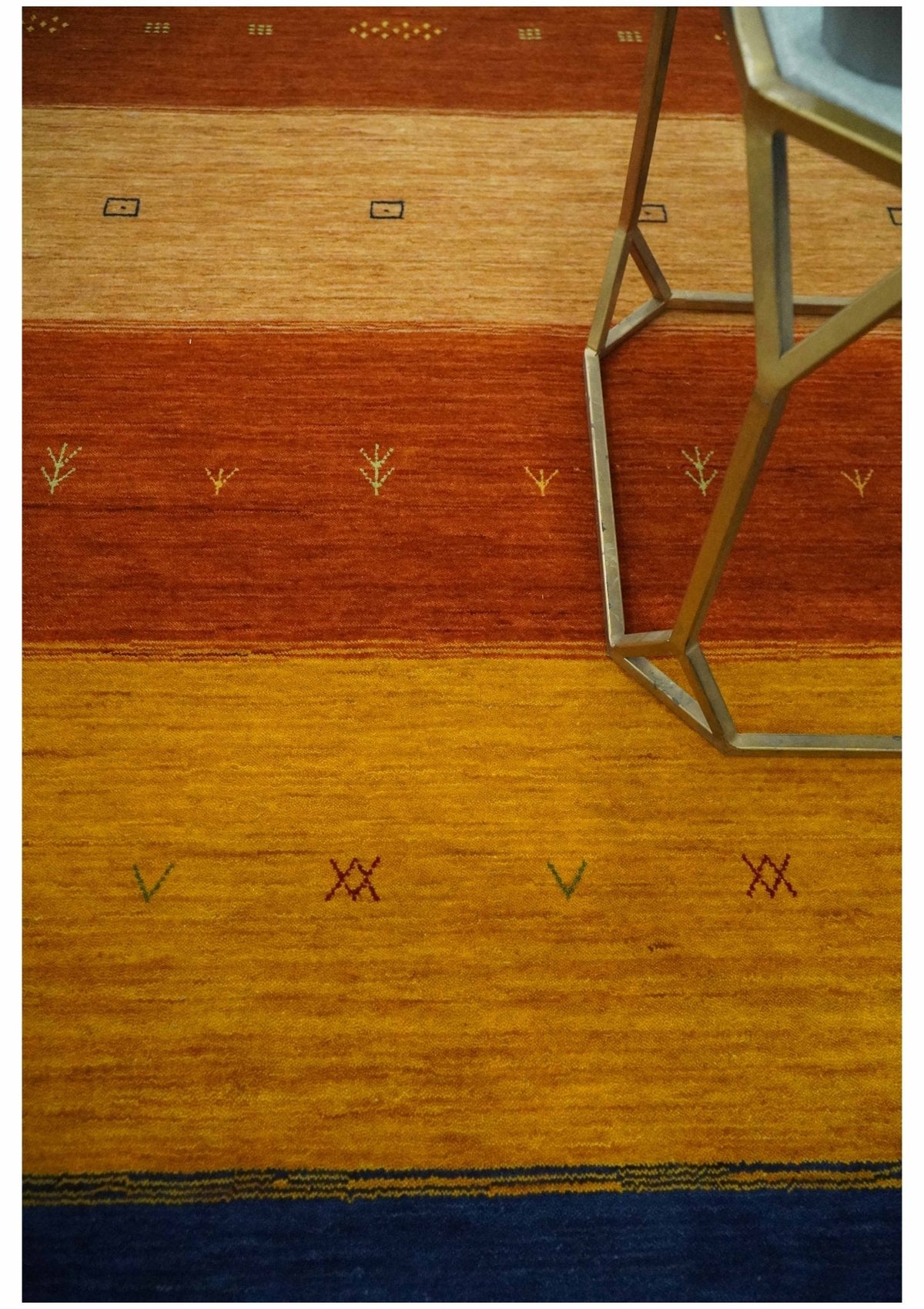 Custom Made Gabbeh Blue, Brown and Gold Stripes Design Wool Rug.