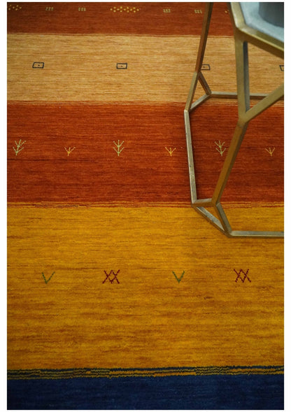 Custom Made Gabbeh Blue, Brown and Gold Stripes Design Wool Rug.