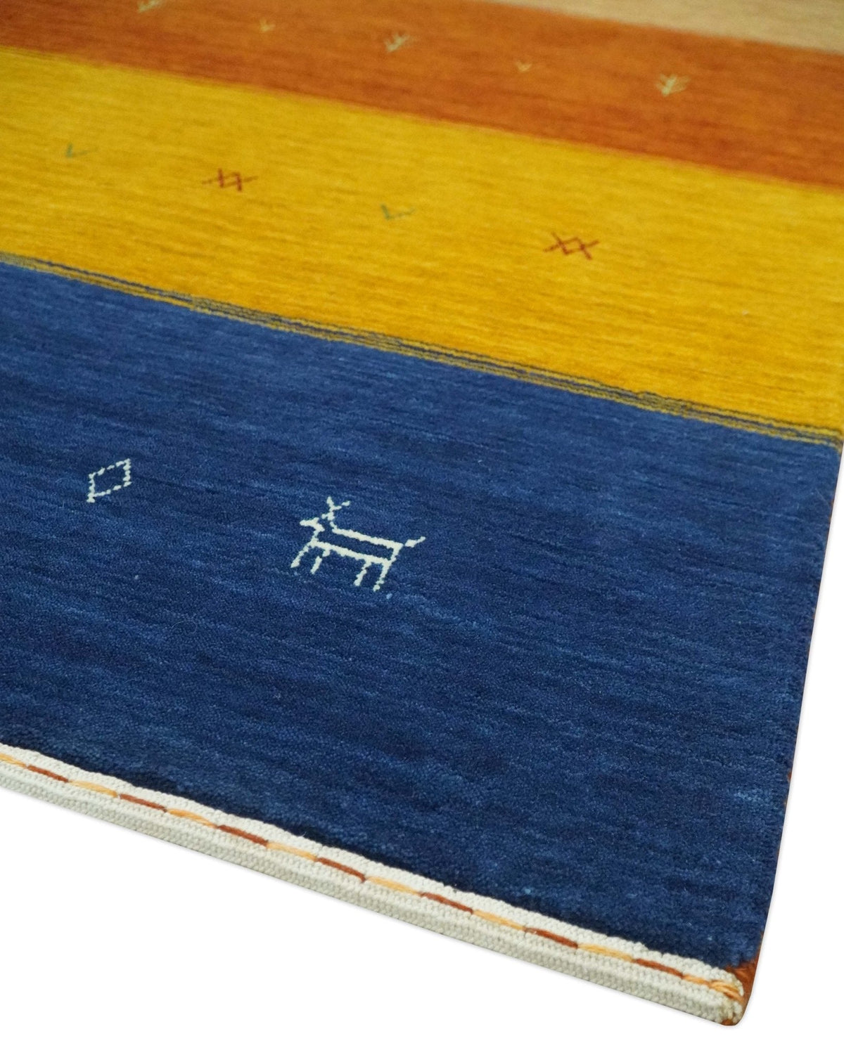 Custom Made Gabbeh Blue, Brown and Gold Stripes Design Wool Rug.