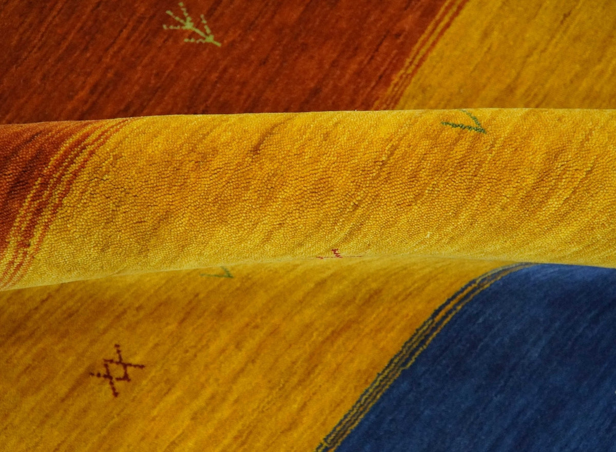 Custom Made Gabbeh Blue, Brown and Gold Stripes Design Wool Rug.