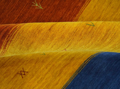Custom Made Gabbeh Blue, Brown and Gold Stripes Design Wool Rug.