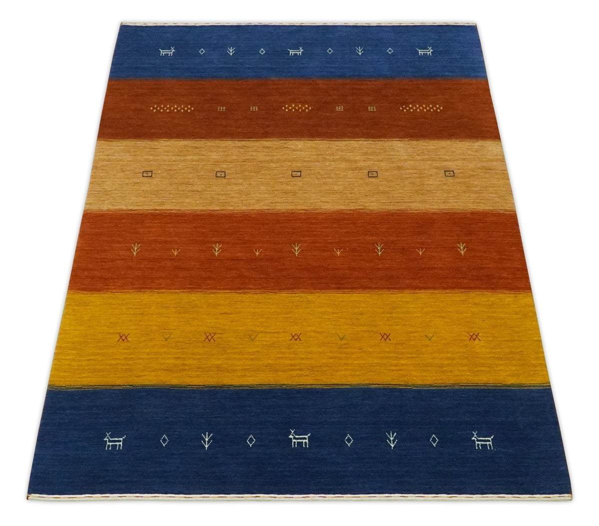 Custom Made Gabbeh Blue, Brown and Gold Stripes Design Wool Rug.