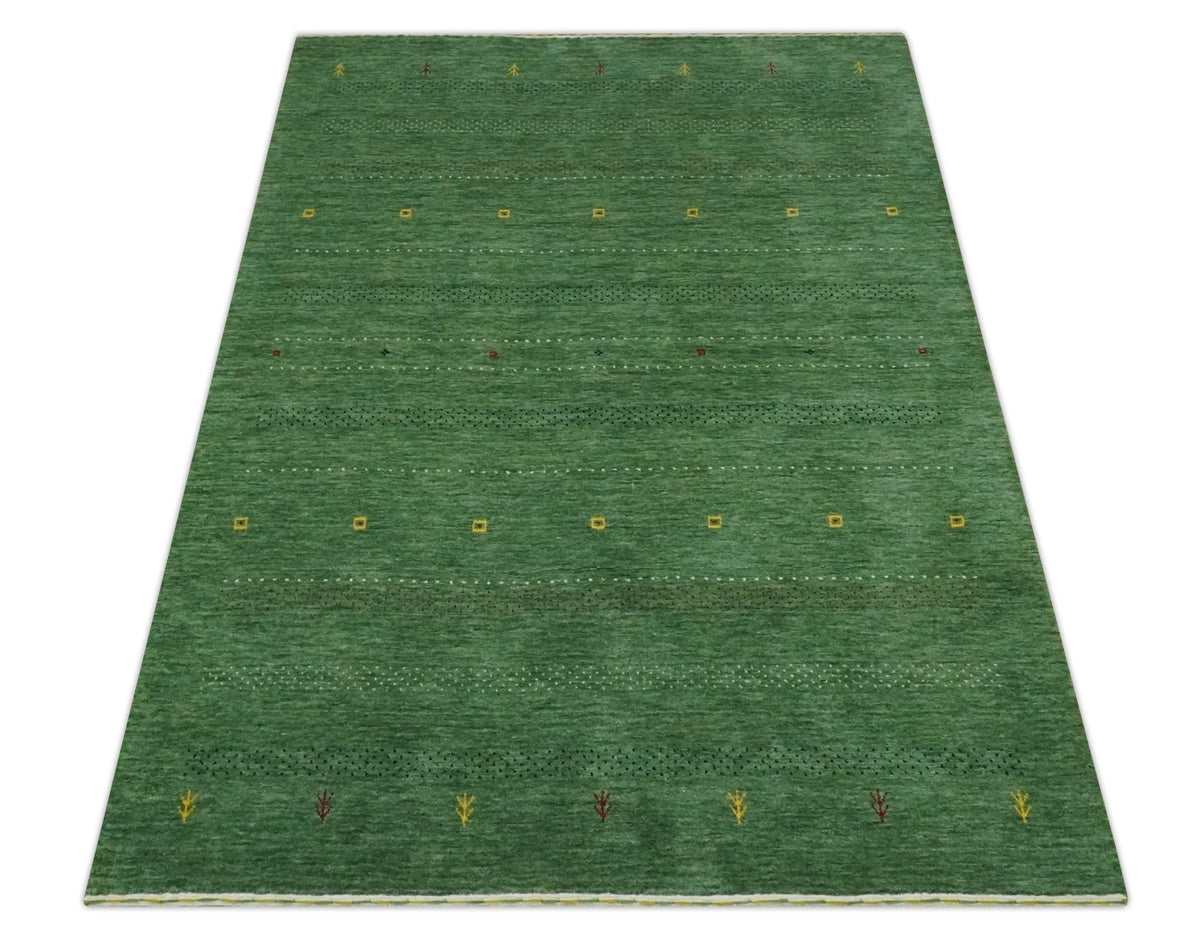 Custom Made Geometrical Stripes Design Green, Ivory and Charcoal wool Area Rug.