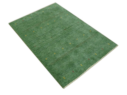 Custom Made Geometrical Stripes Design Green, Ivory and Charcoal wool Area Rug.