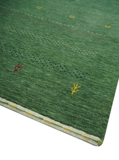 Custom Made Geometrical Stripes Design Green, Ivory and Charcoal wool Area Rug.