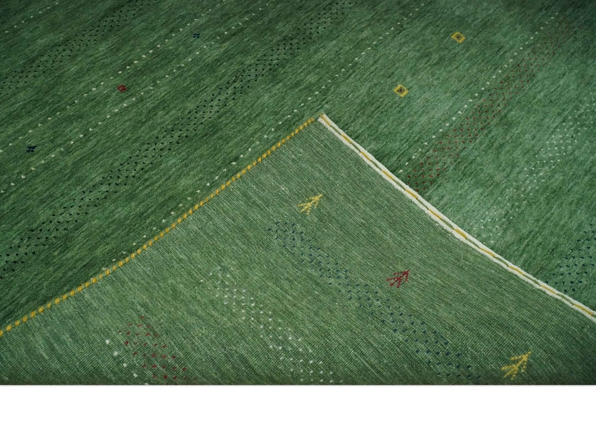 Custom Made Geometrical Stripes Design Green, Ivory and Charcoal wool Area Rug.