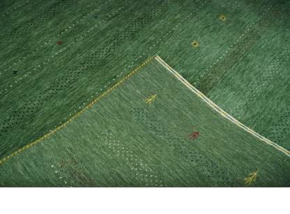 Custom Made Geometrical Stripes Design Green, Ivory and Charcoal wool Area Rug.