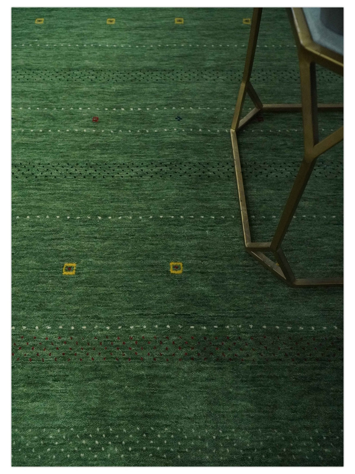 Custom Made Geometrical Stripes Design Green, Ivory and Charcoal wool Area Rug.