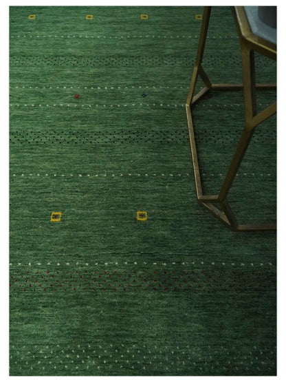 Custom Made Geometrical Stripes Design Green, Ivory and Charcoal wool Area Rug.