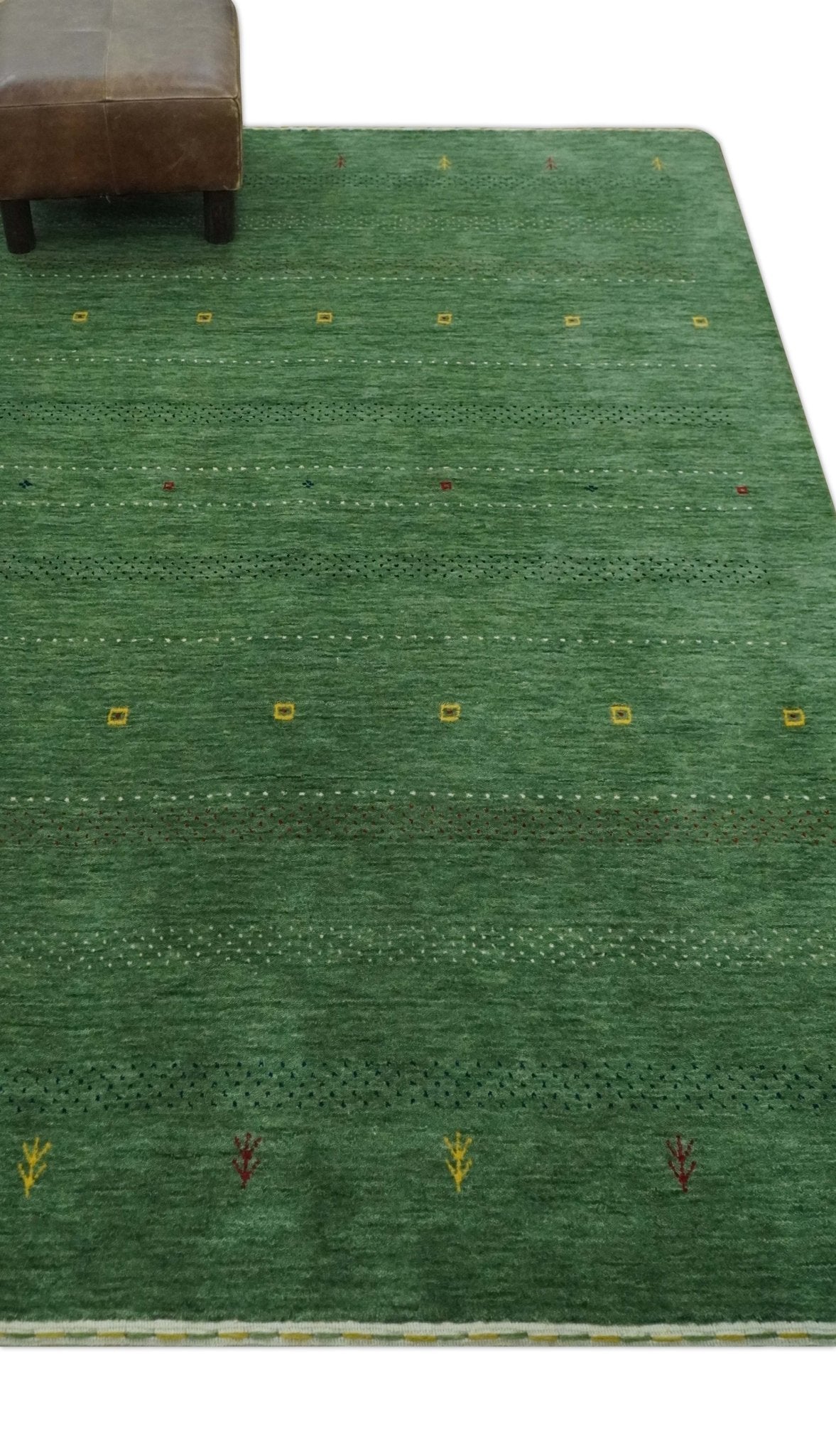 Custom Made Geometrical Stripes Design Green, Ivory and Charcoal wool Area Rug.