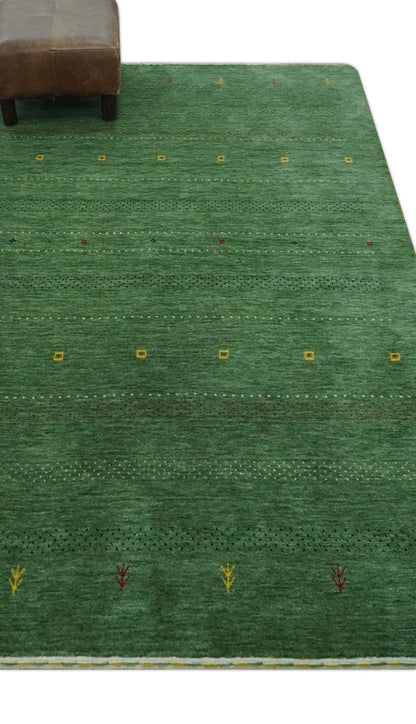 Custom Made Geometrical Stripes Design Green, Ivory and Charcoal wool Area Rug.