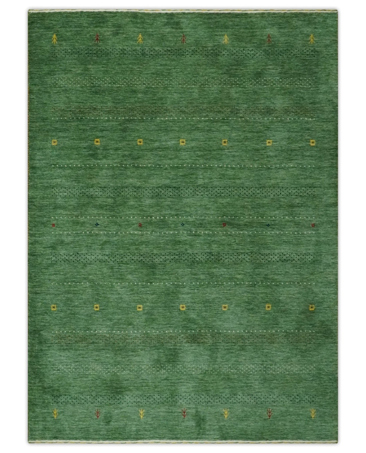 Custom Made Geometrical Stripes Design Green, Ivory and Charcoal wool Area Rug.