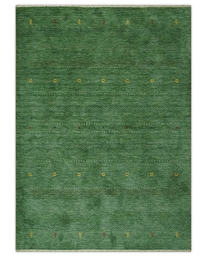 Custom Made Geometrical Stripes Design Green, Ivory and Charcoal wool Area Rug.