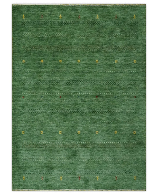 Custom Made Geometrical Stripes Design Green, Ivory and Charcoal wool Area Rug.