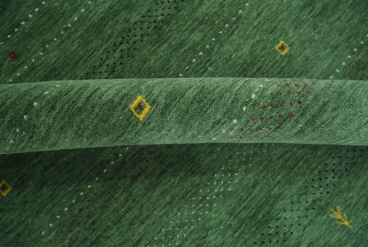 Custom Made Geometrical Stripes Design Green, Ivory and Charcoal wool Area Rug.