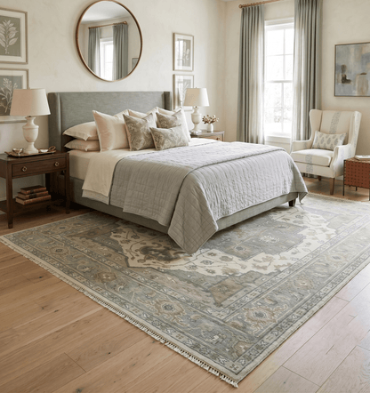 Custom Made Gray, Ivory and Silver Hand knotted Traditional Medallion wool Area Rug.