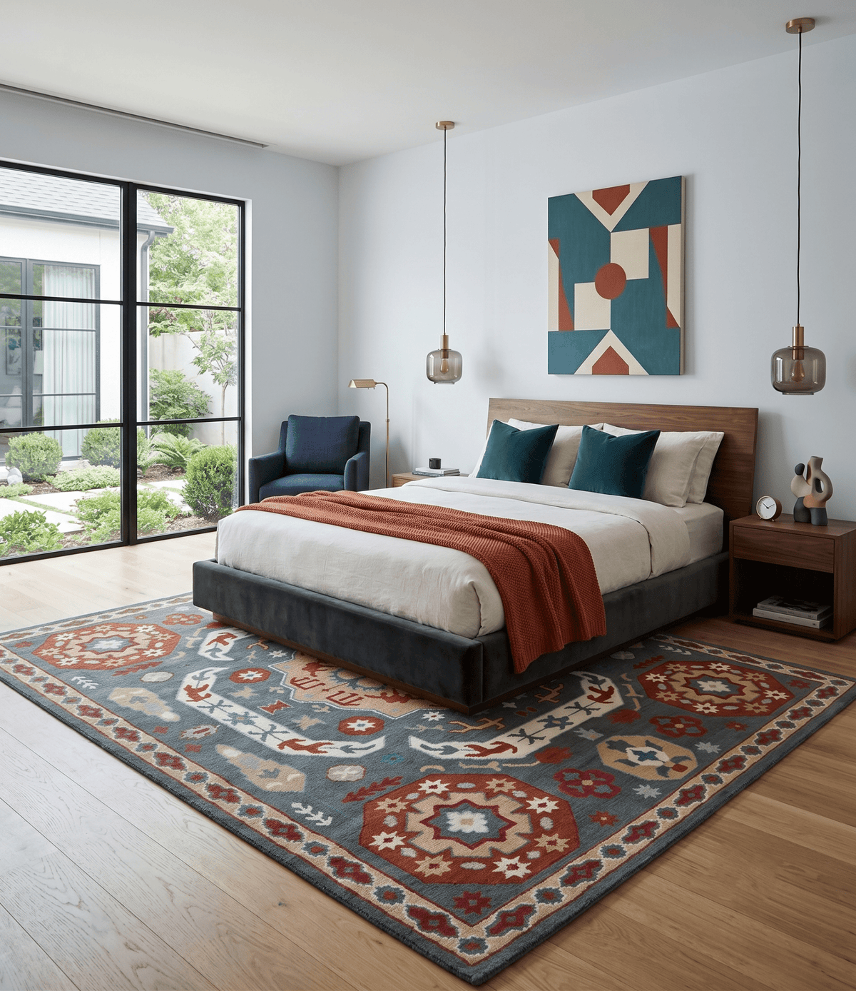 Custom Made Gray, Rust and Peach Traditional Medallion Mamluk Design wool Rug.