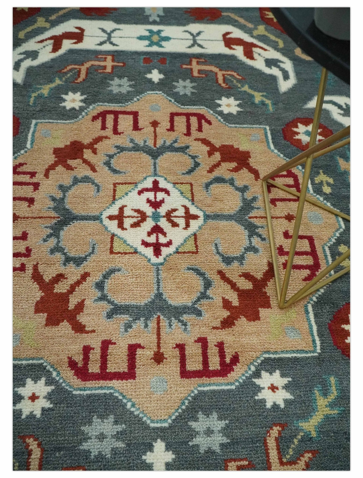 Custom Made Gray, Rust and Peach Traditional Medallion Mamluk Design wool Rug.