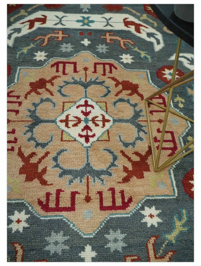 Custom Made Gray, Rust and Peach Traditional Medallion Mamluk Design wool Rug.