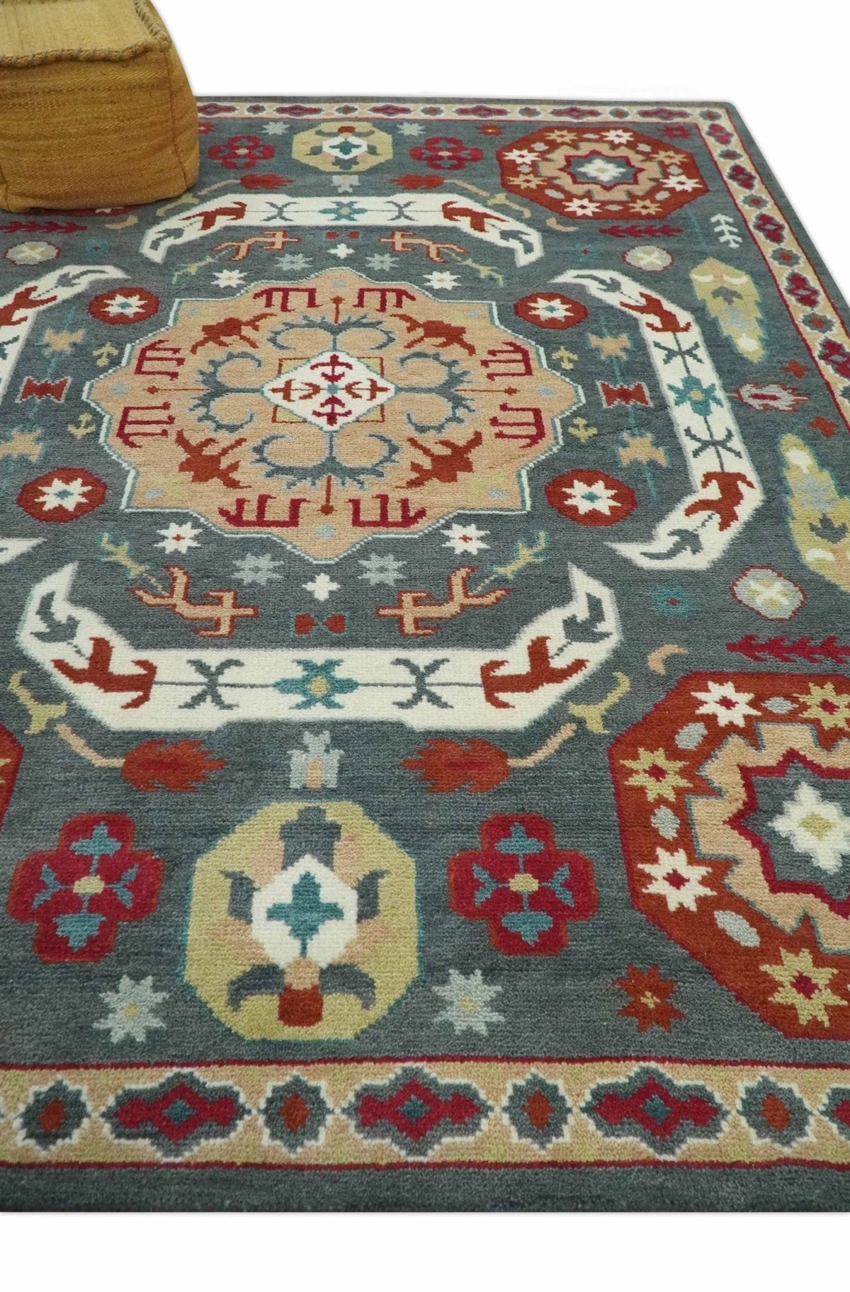 Custom Made Gray, Rust and Peach Traditional Medallion Mamluk Design wool Rug.