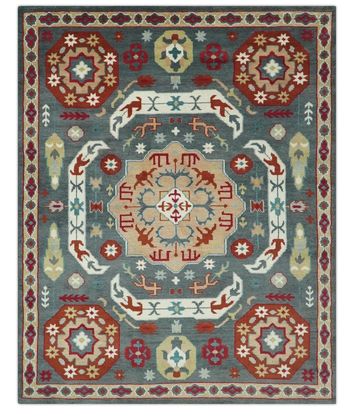 Custom Made Gray, Rust and Peach Traditional Medallion Mamluk Design wool Rug.