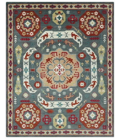 Custom Made Gray, Rust and Peach Traditional Medallion Mamluk Design wool Rug.