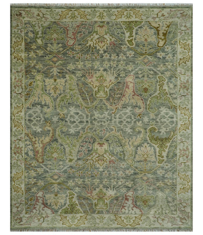 Custom Made Gray, Silver and Green Hand Knotted Traditional Large Design wool area rug.