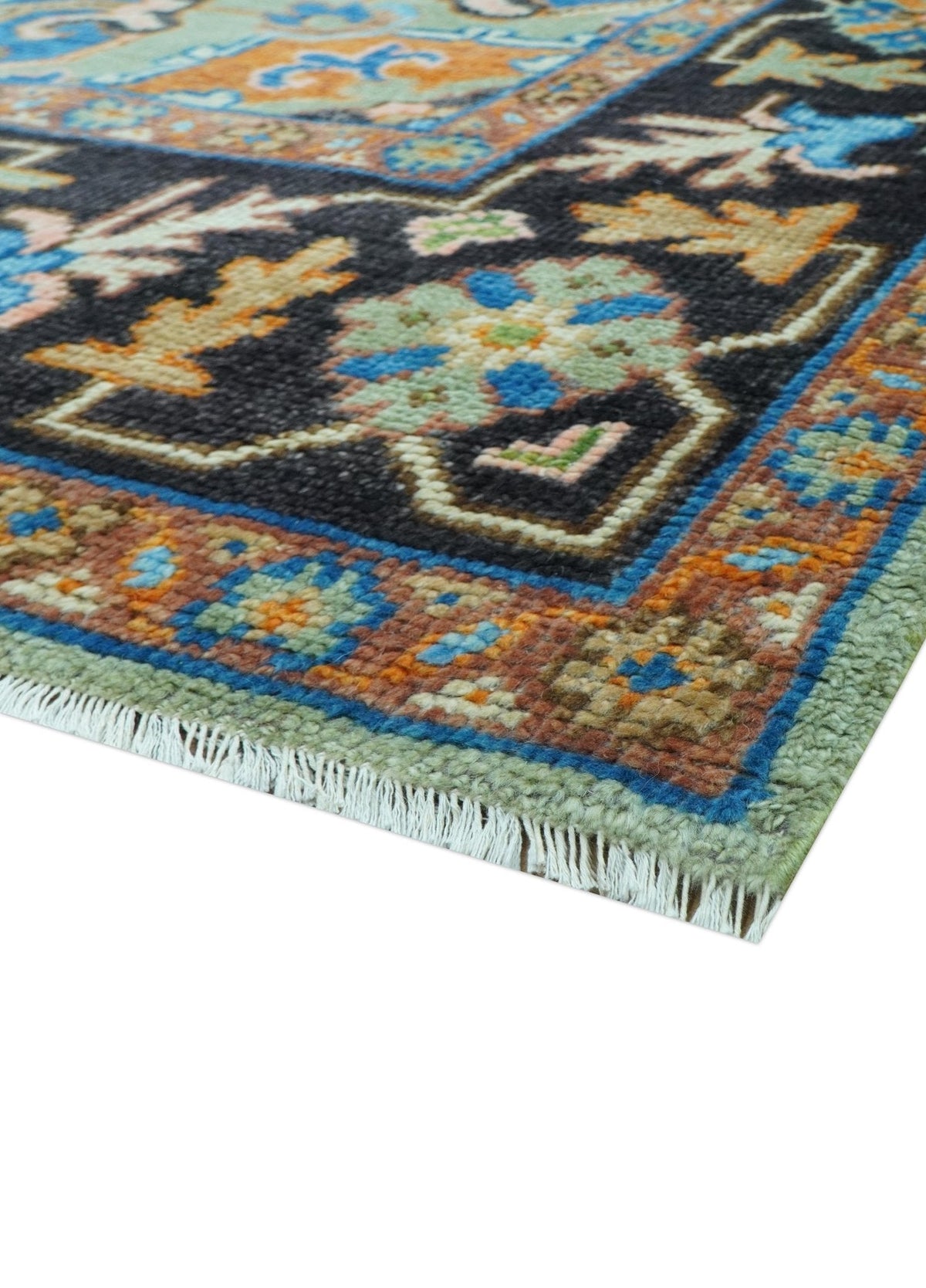 Custom Made Green And Blue Traditional Heriz Hand Knotted Wool Rug.