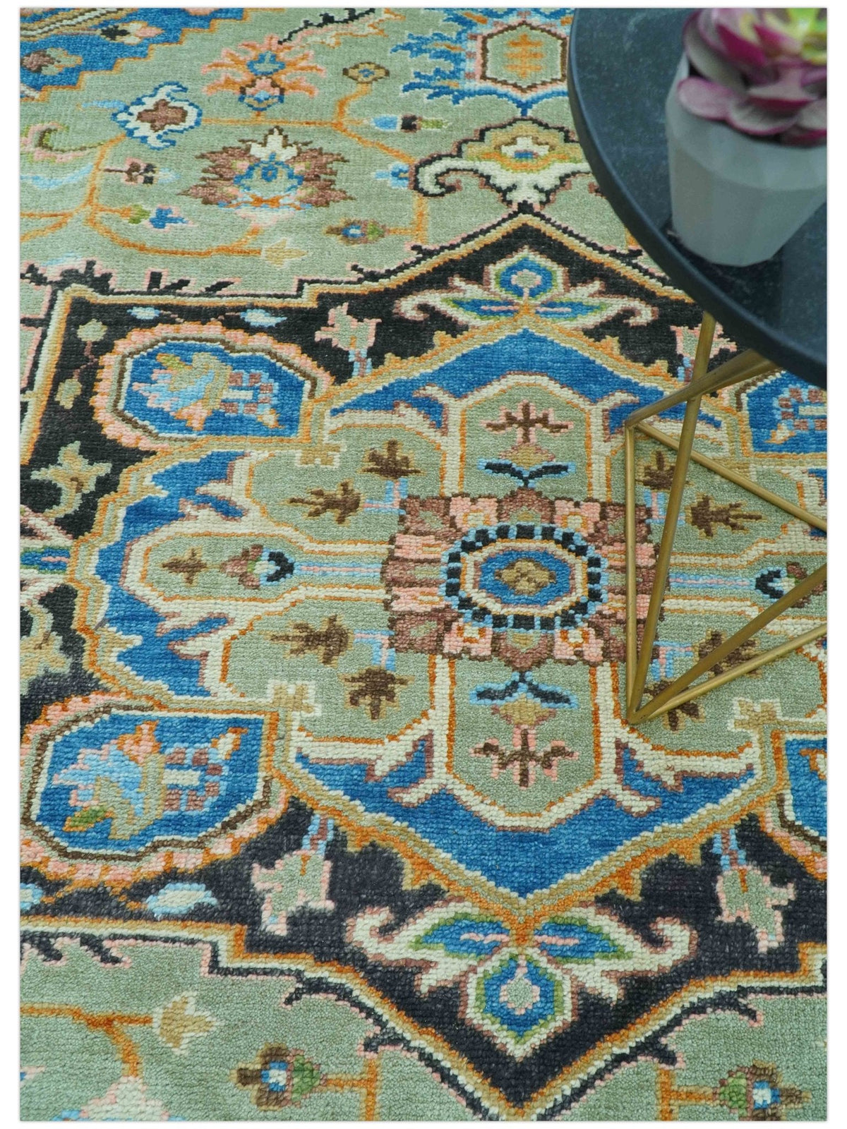 Custom Made Green And Blue Traditional Heriz Hand Knotted Wool Rug.