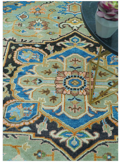 Custom Made Green And Blue Traditional Heriz Hand Knotted Wool Rug.
