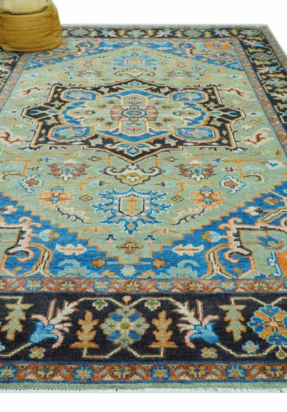 Custom Made Green And Blue Traditional Heriz Hand Knotted Wool Rug.