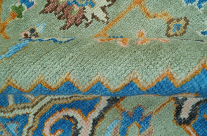 Custom Made Green And Blue Traditional Heriz Hand Knotted Wool Rug.