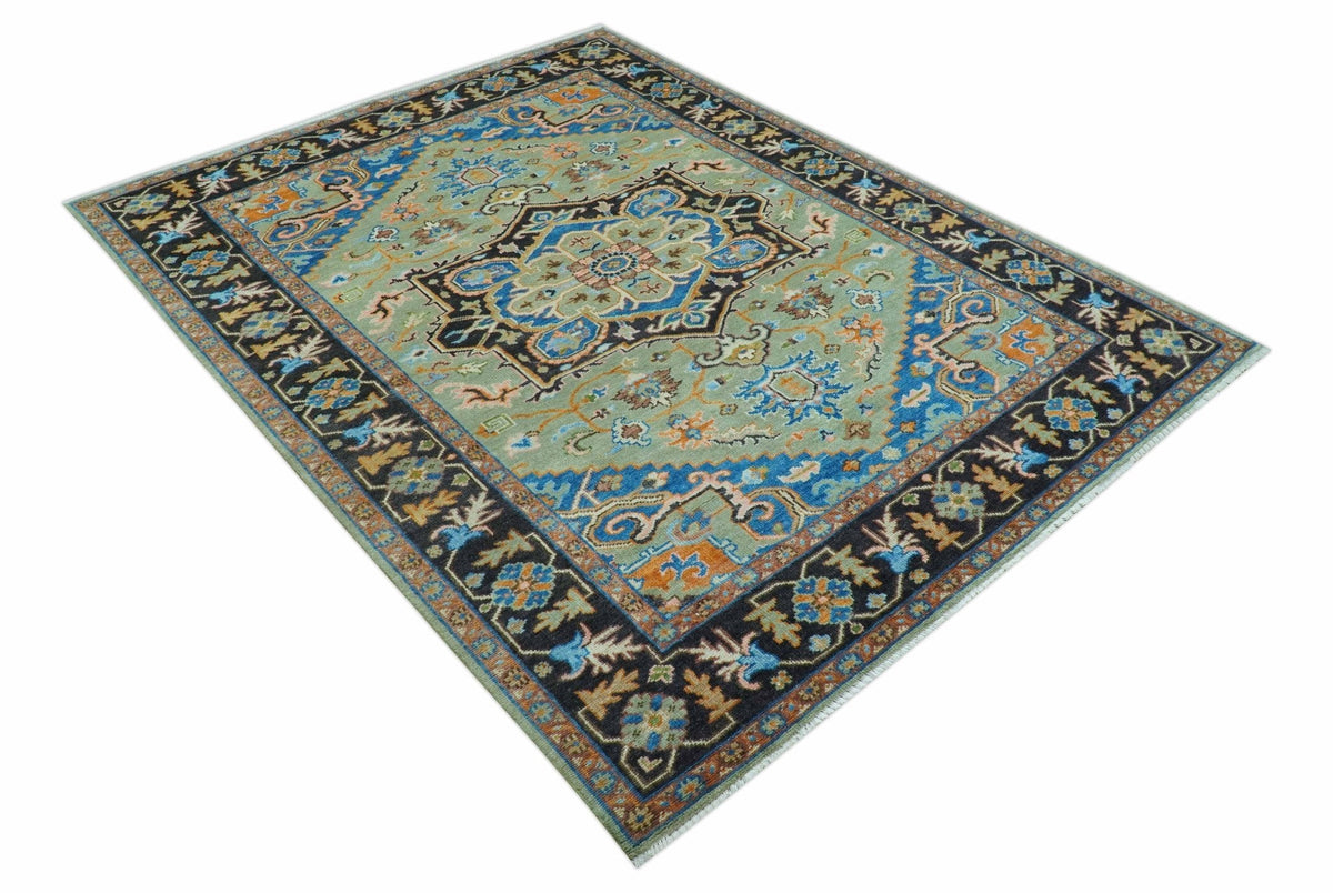 Custom Made Green And Blue Traditional Heriz Hand Knotted Wool Rug.