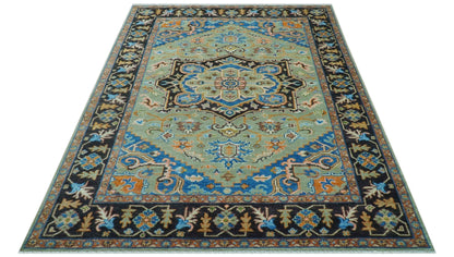Custom Made Green And Blue Traditional Heriz Hand Knotted Wool Rug.