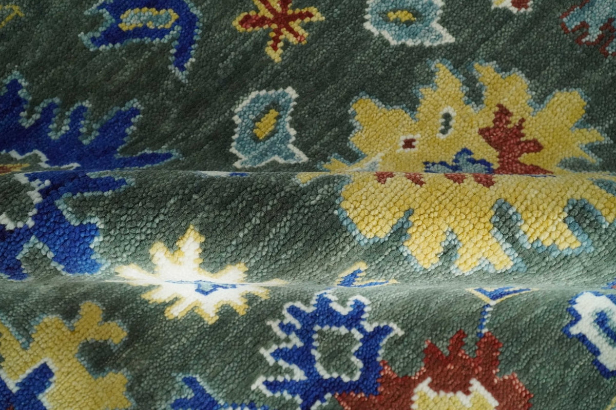Custom Made Green and Ivory Colorful Hand knotted Traditional Oushak wool Area Rug.