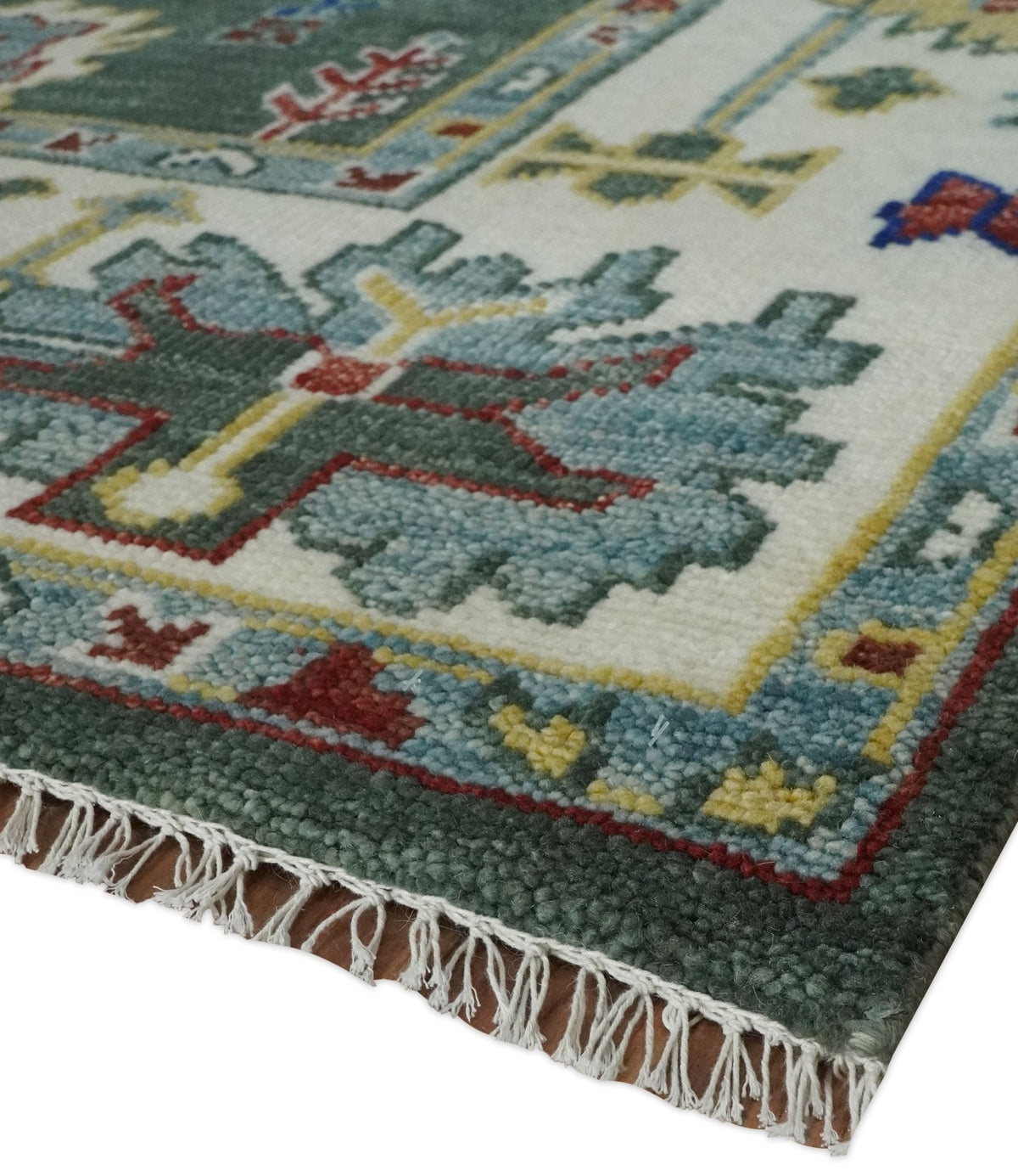 Custom Made Green and Ivory Colorful Hand knotted Traditional Oushak wool Area Rug.